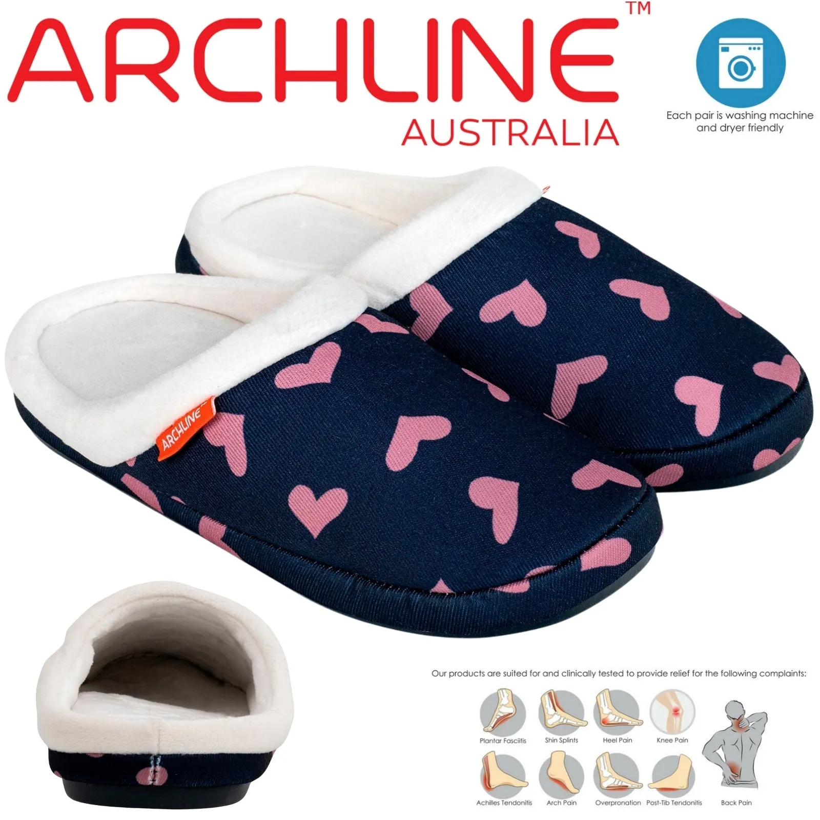 ARCHLINE Orthotic Slippers Slip On Scuffs Pain Relief Moccasins - Navy with Hearts - EUR 39 (Womens US 8)