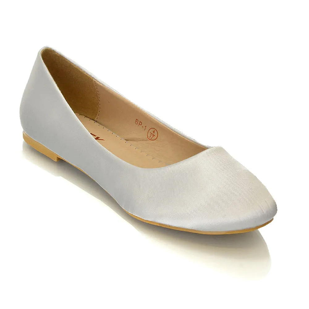 MALEFICENT FLAT BLOCK HIGH HEELED SLIP ON BALLERINA PUMP SHOES IN SILVER SATIN