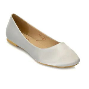 MALEFICENT FLAT BLOCK HIGH HEELED SLIP ON BALLERINA PUMP SHOES IN SILVER SATIN