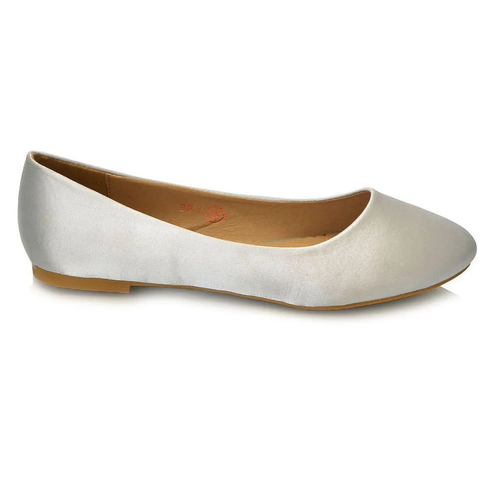 MALEFICENT FLAT BLOCK HIGH HEELED SLIP ON BALLERINA PUMP SHOES IN SILVER SATIN