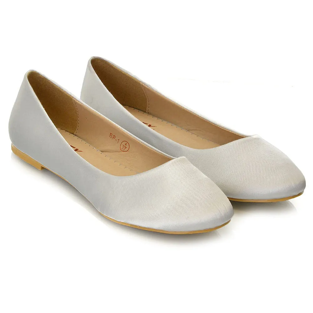 MALEFICENT FLAT BLOCK HIGH HEELED SLIP ON BALLERINA PUMP SHOES IN SILVER SATIN