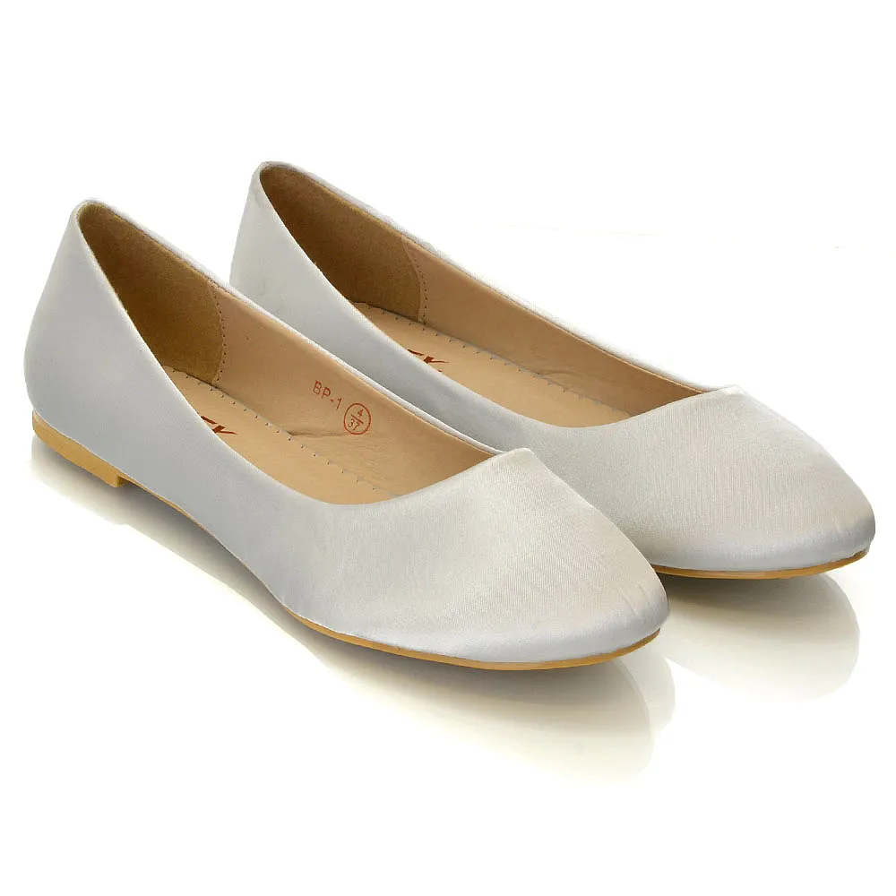 MALEFICENT FLAT BLOCK HIGH HEELED SLIP ON BALLERINA PUMP SHOES IN SILVER SATIN