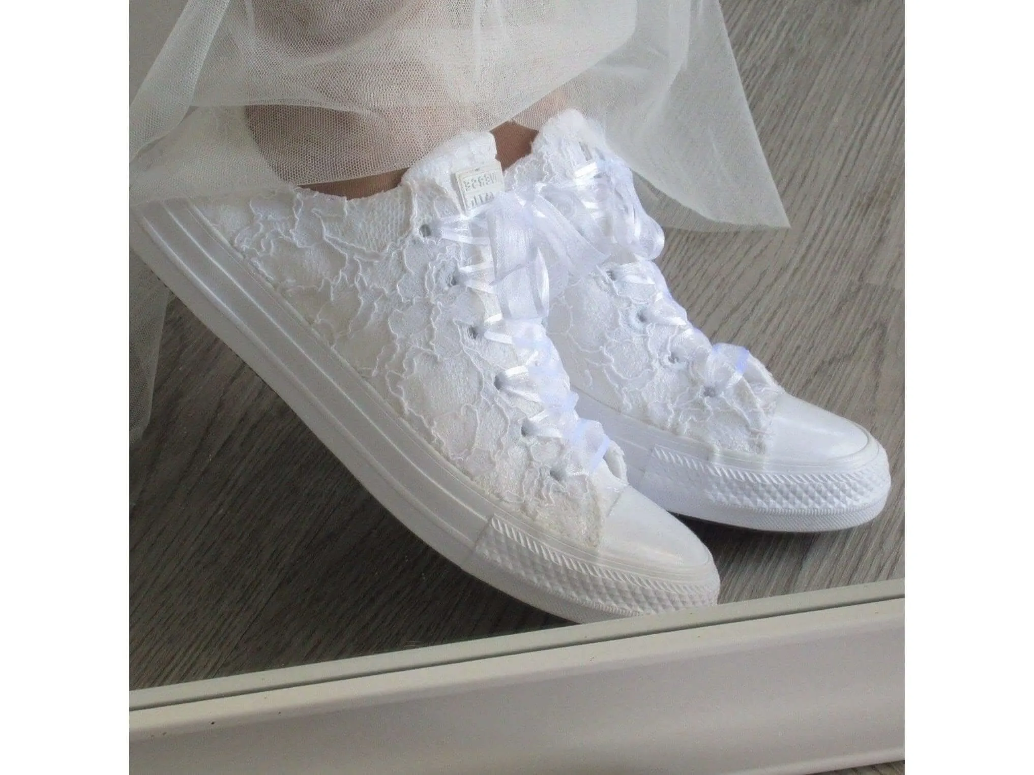 Personalised White Lace Bridal Wedding Converse, Custom Trainers for Brides, Any Colour Personalisation.
