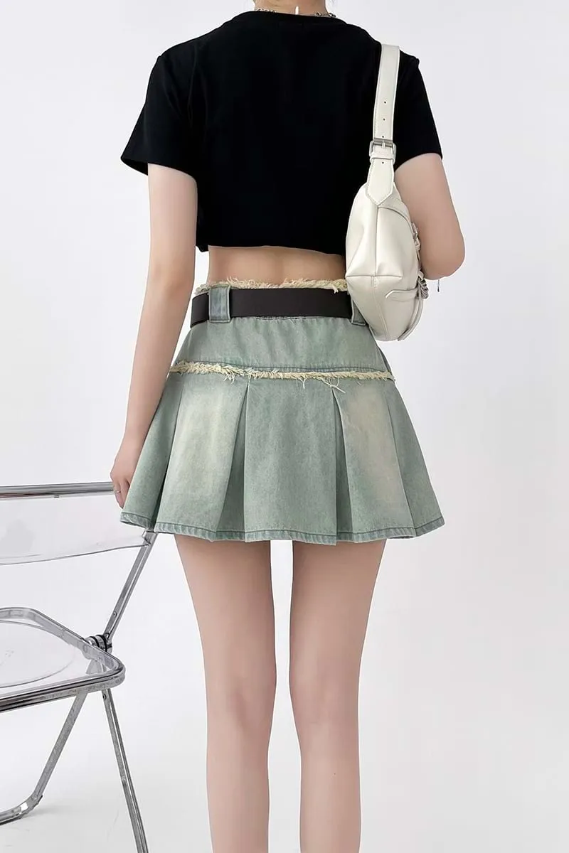 Pleated Denim Mini Skirt
