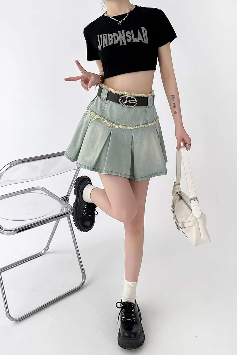Pleated Denim Mini Skirt