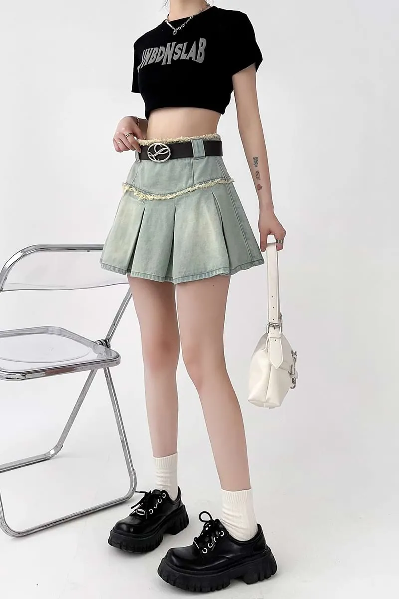 Pleated Denim Mini Skirt