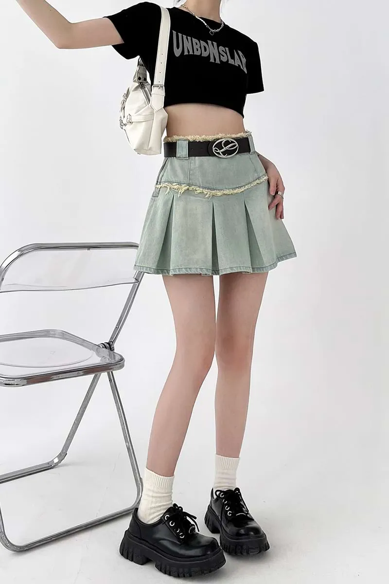 Pleated Denim Mini Skirt