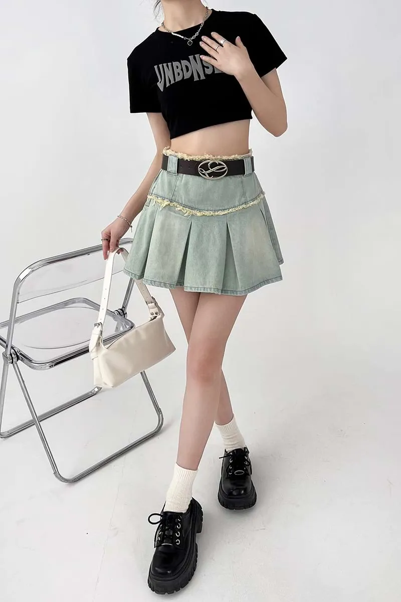 Pleated Denim Mini Skirt