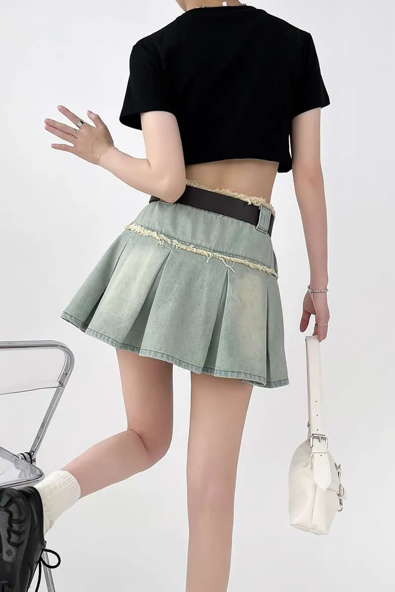 Pleated Denim Mini Skirt