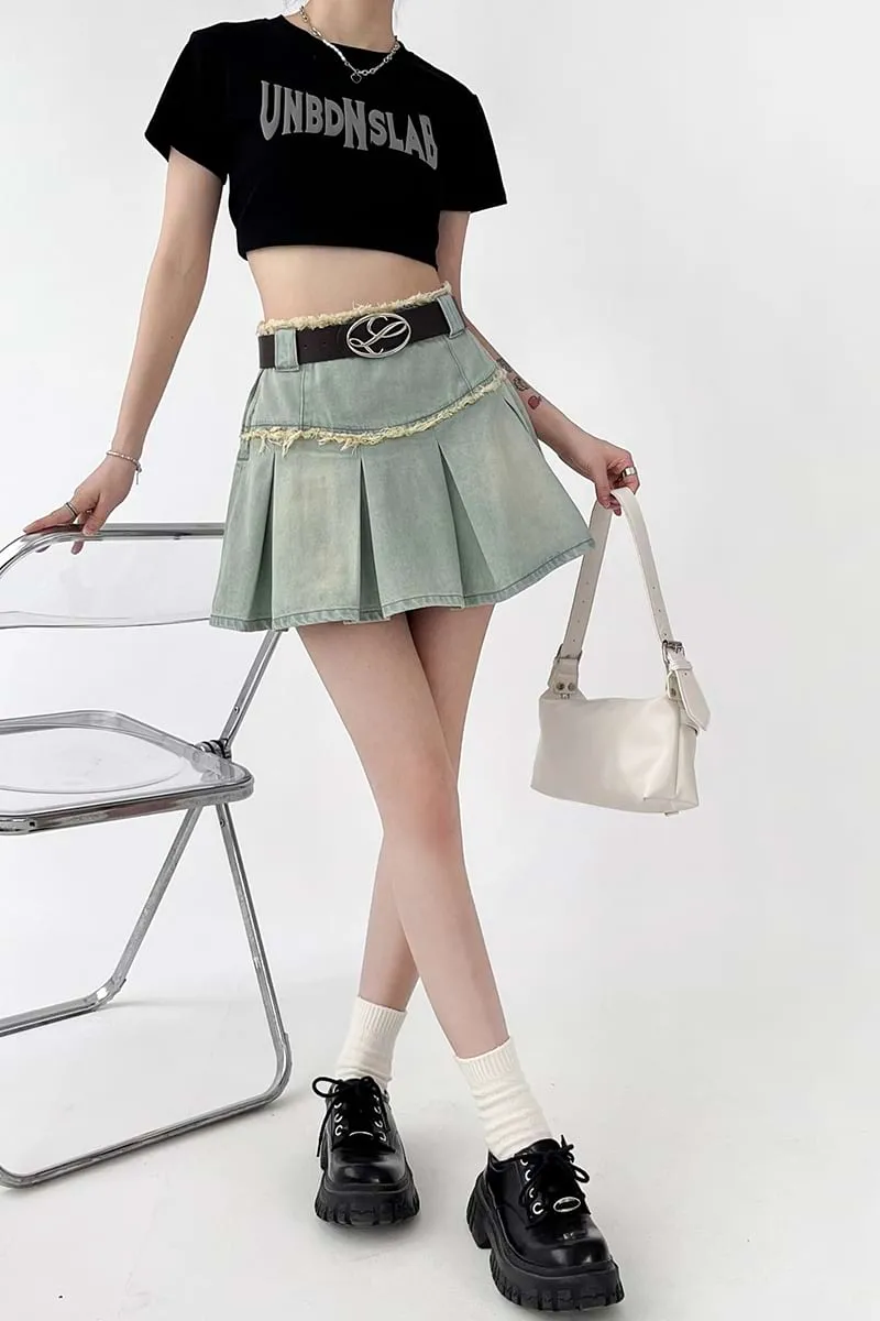 Pleated Denim Mini Skirt