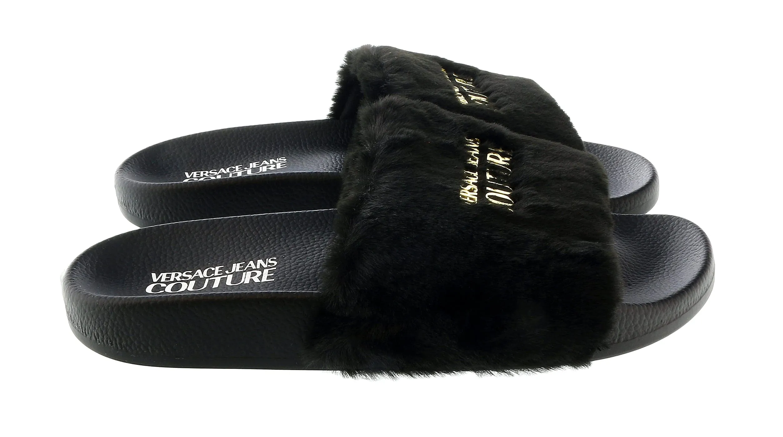 Versace Jeans Couture Black Faux Fur Signature Slides-