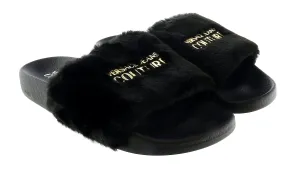 Versace Jeans Couture Black Faux Fur Signature Slides-